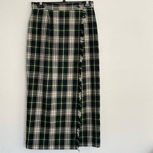 Vintage Talbots Green & Navy Tartan Plaid Wool Midi Wrap Skirt w/ Fringe